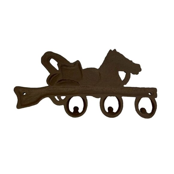 Cast Iron Western Horse Hat Wall Hanger 3 Hooks, Rustic Brown with Black Accents - Picture 3 of 4